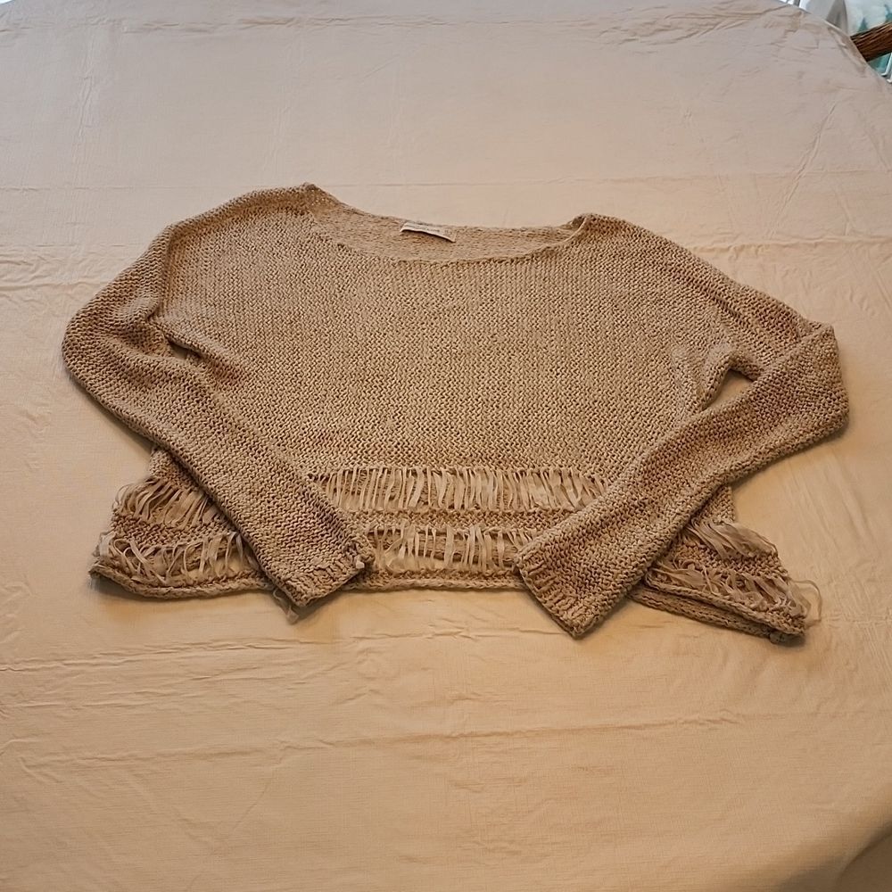 Abercrombie Fitch Fringed Knit Cropped Sweater - Beige